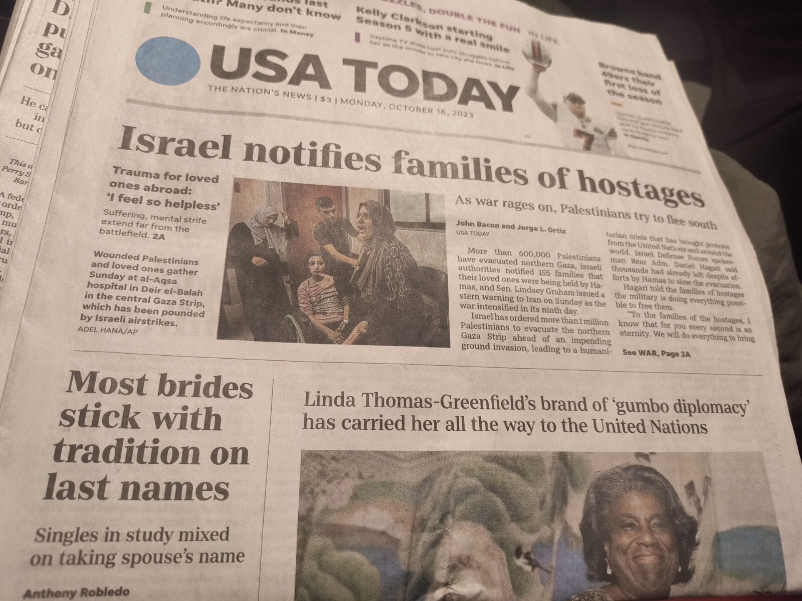 USA Today Monday October 16 2023 Israel notified families of hostages