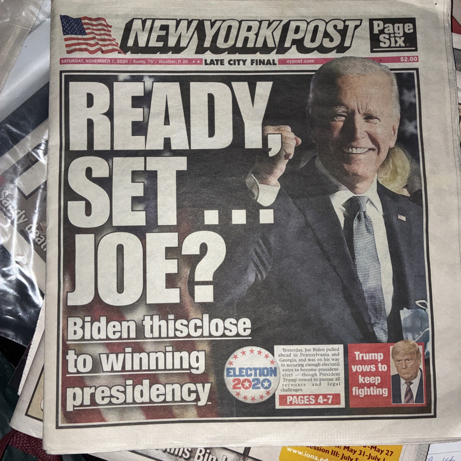 2020 NOVEMBER 7 NEW YORK POST NEWSPAPER – BIDEN THIS CLOSE TO WINNING PRESIDENCY