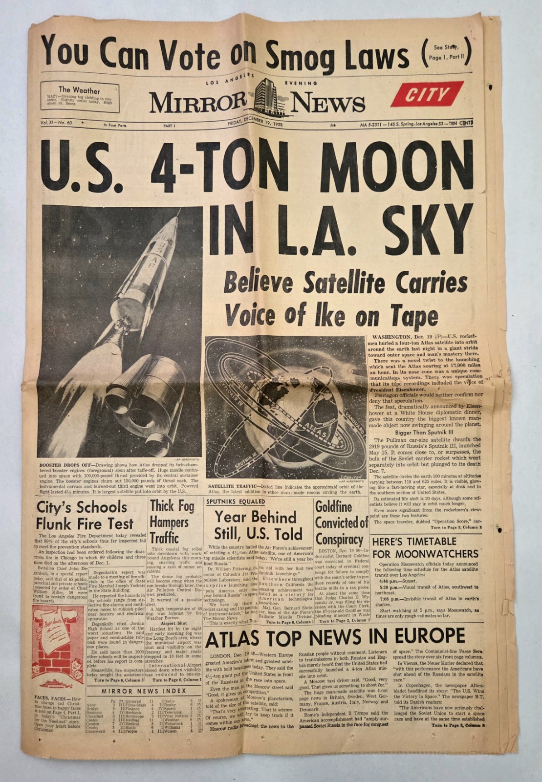 U.S. 4-TON ATLAS ROCKET INTO ORBIT Newspaper Dec 19, 1958 MIRROR NEWS L.A. Calif
