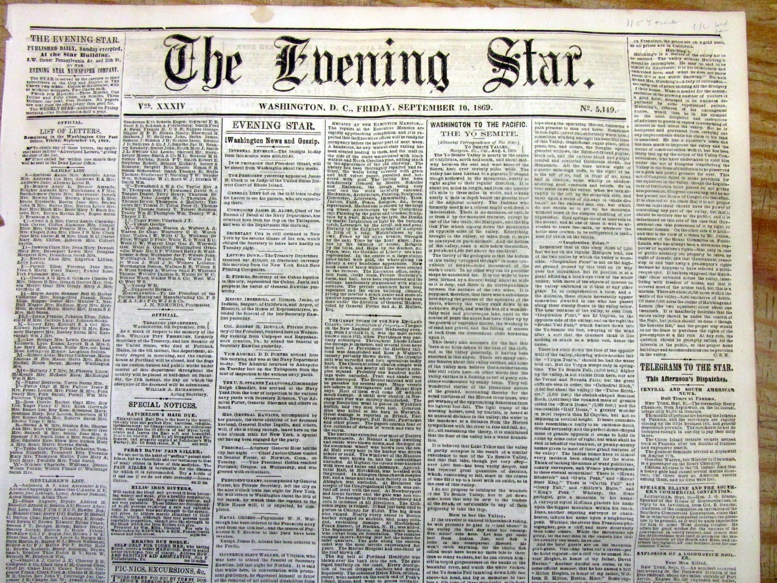 1869 newspaper w DETAILED REPORT of an early TRIP to YOSEMITE VALLEY California