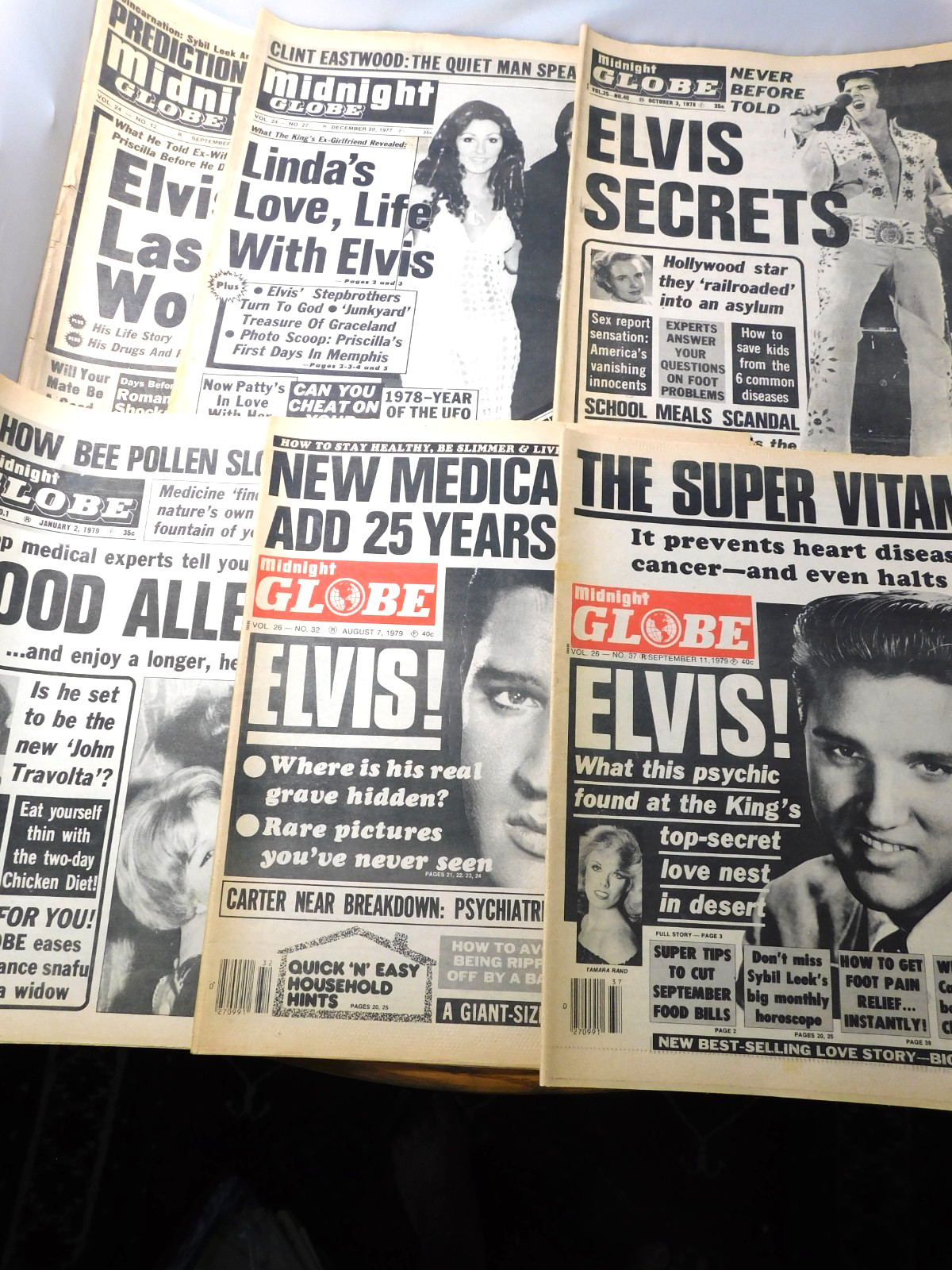 Lot of 6 1970’s Midnight GLOBE Tabloid Magazines- All ELVIS Covers