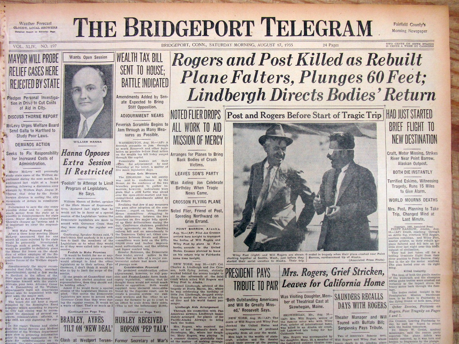 1935 newspaper WILL ROGERS & WILEY POST DIE in Alaska AVATION air plane CRASH