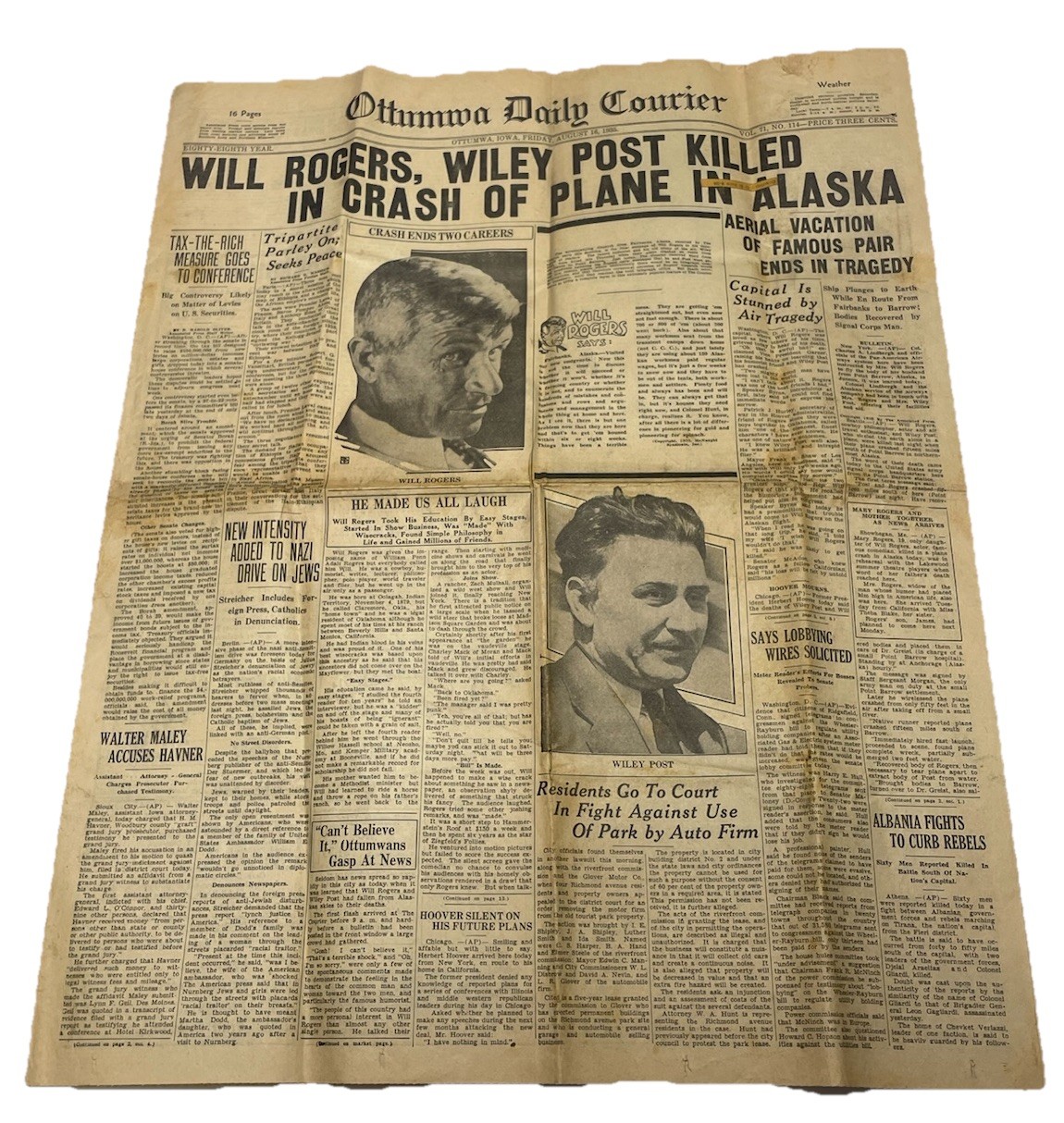 1935 Ottumwa Daily Courier Newspaper WILL ROGERS, WILEY POST PLANE CRASH ALASKA