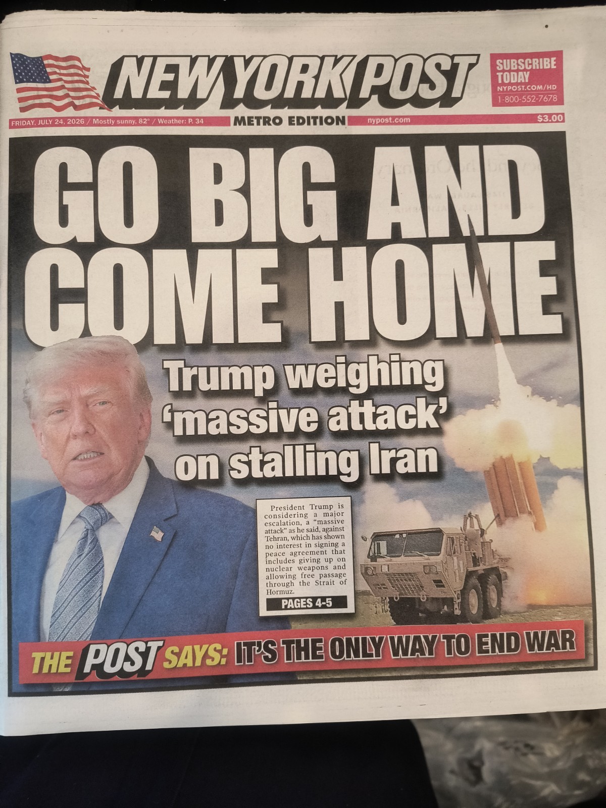 The New York Post Friday July 24 2026 GO BIG AND COME HOME