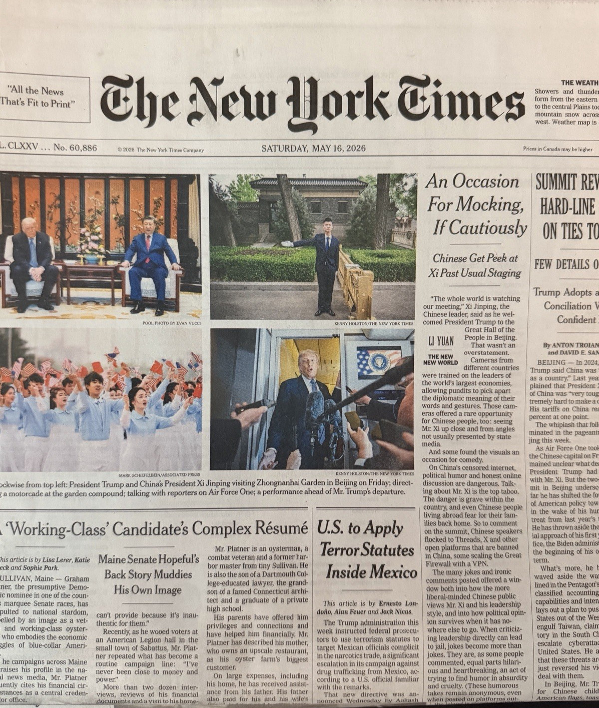 The New York Times News Paper LOT/9 May 16 17 18 19 20 21 22 23 24 -2026 UNREAD