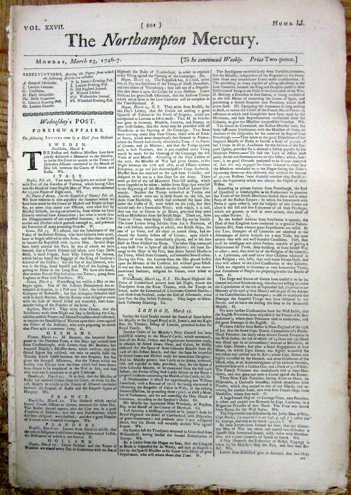 1747 newspaper Rhode Island privateer captures French ships – KING GEORGE’S WAR