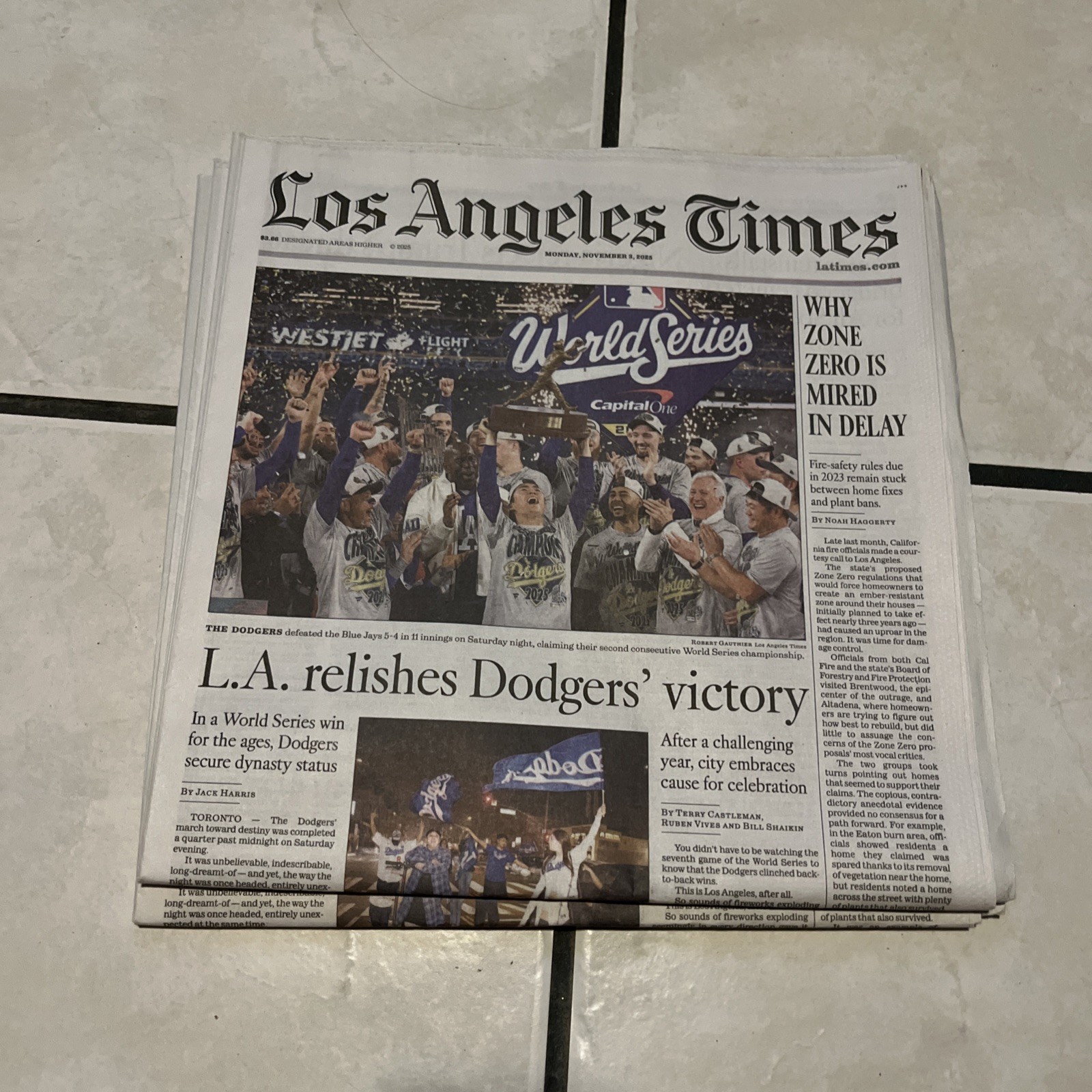 Los Angeles Times November 3, 2025 Colectible LA Dodgers MLB World Series Win