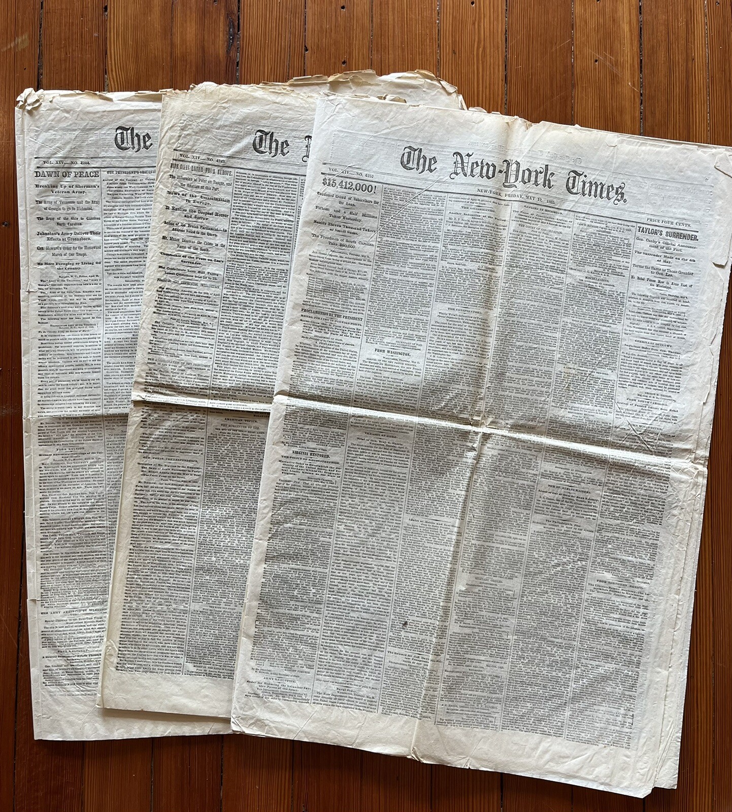 3 NY TIMES 1865 newspapers SURRENDER Confederate General Johnston CIVIL WAR ENDS