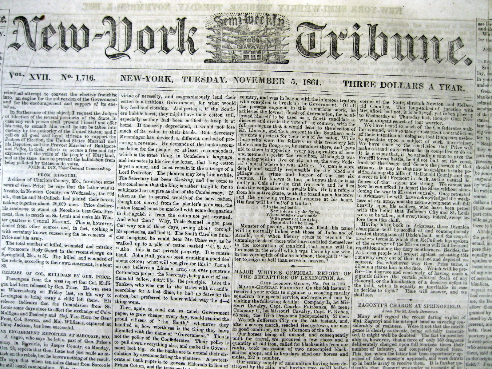 Lot of 5 original United States CIVIL WAR NEWSPAPERS dated between 1861 and 1865
