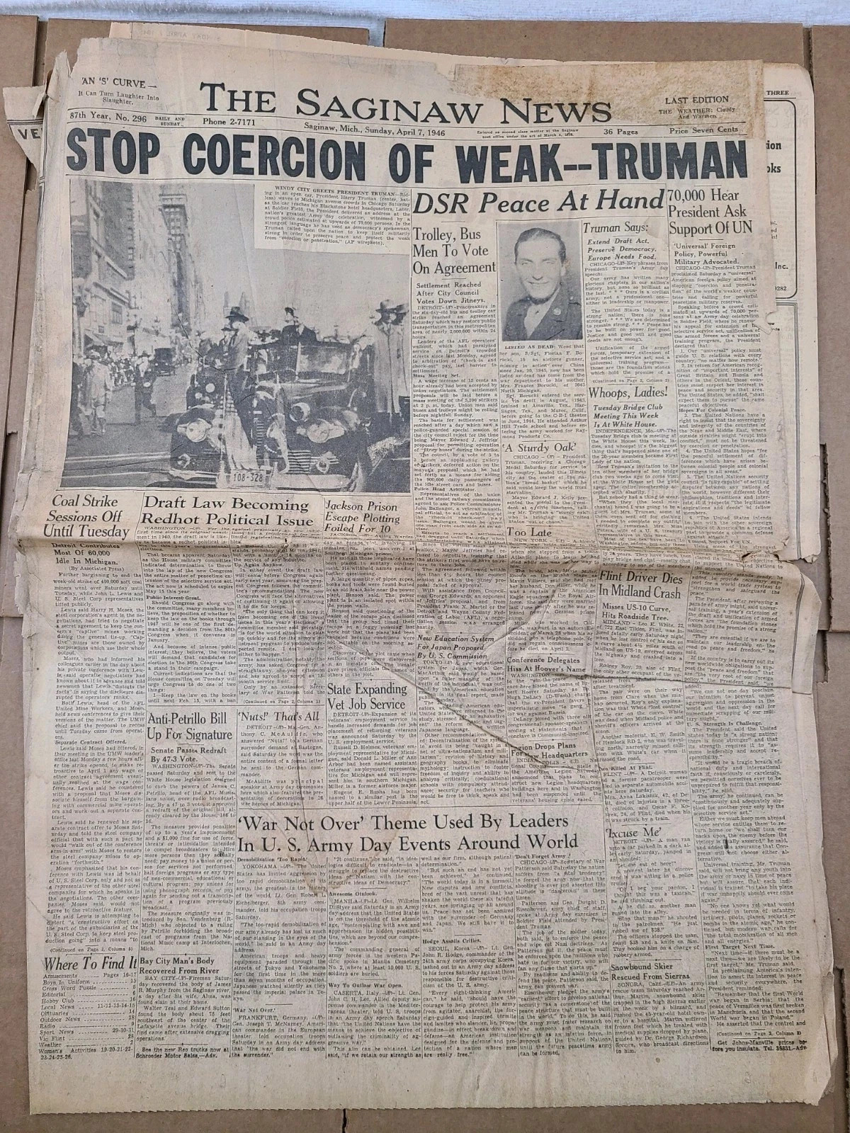 President Truman Post World War II 1946 Saginaw Newspaper