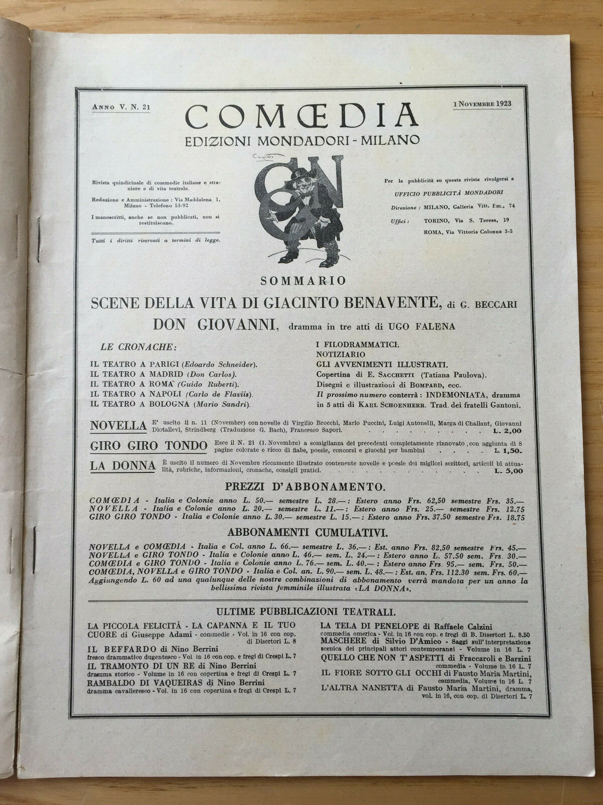 MONDADORI COMEDIA PERIODICO COMEDIA E VITA THEATRALE N 21 1923 UGO FALENA 2/19
