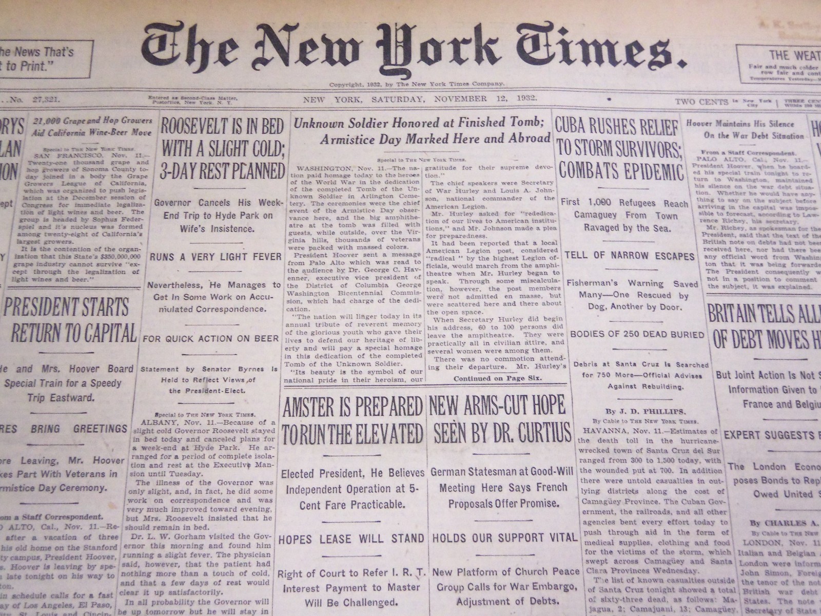 1932 NOV 12 NEW YORK TIMES – UNKNOWN SOLDIER HONORED AT FINISHED TOMB – NT 4750