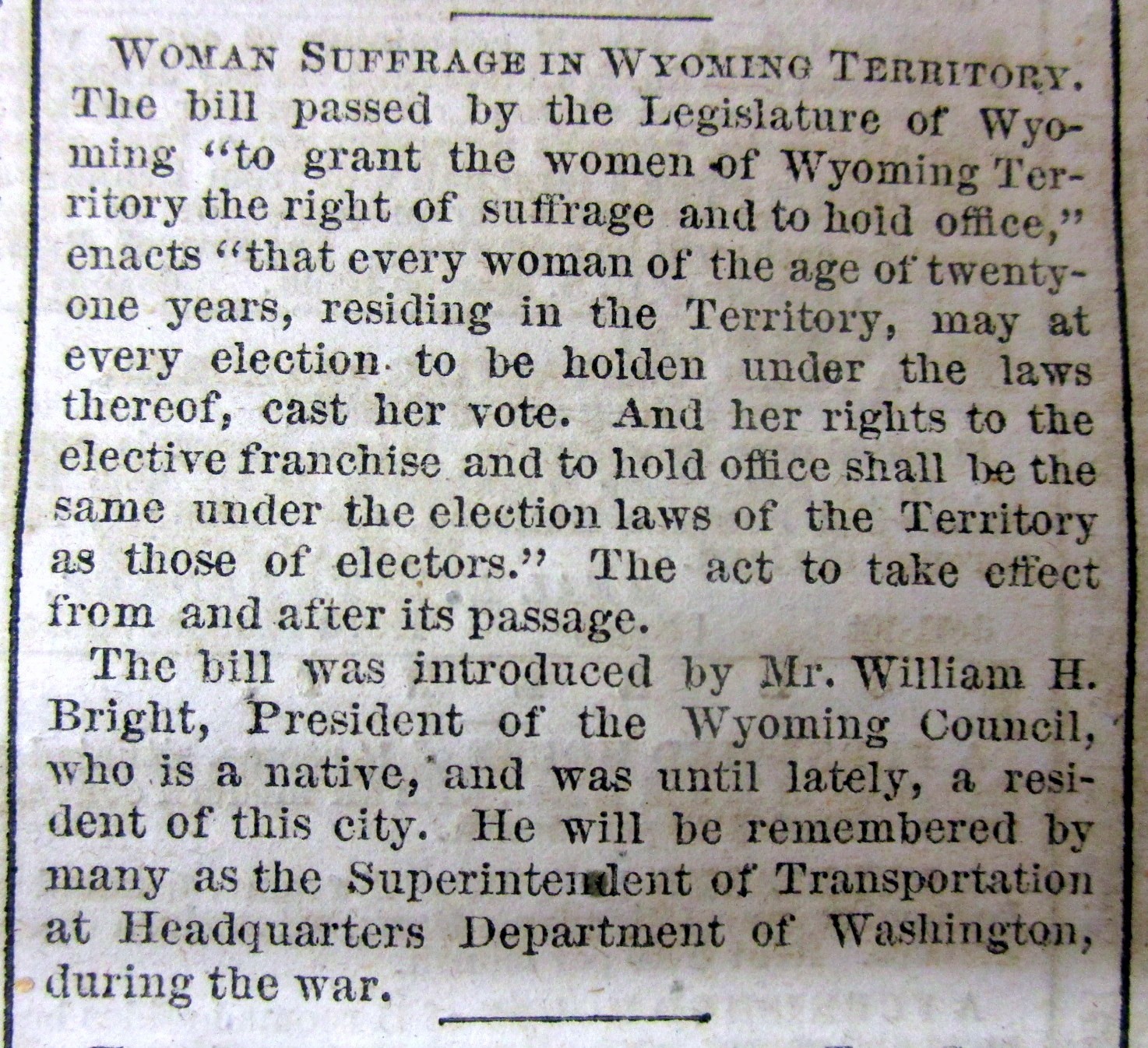 1869 newspaper WYOMING becomes the 1st STATE to pass a WOMEN SUFFRAGE ACT