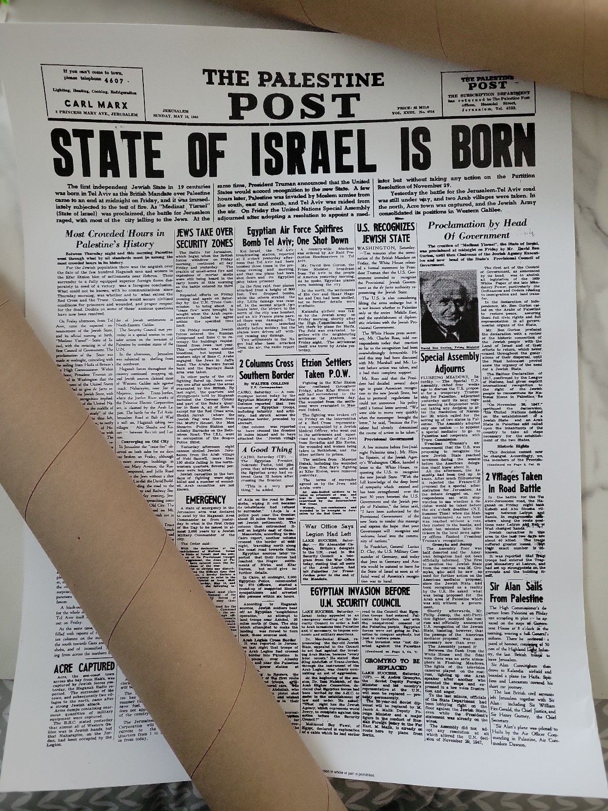 RARE 18X24″ REPRO 1948 PALESTINE POST THE STATE OF ISRAEL IS BORN FRONT PAGE (b)