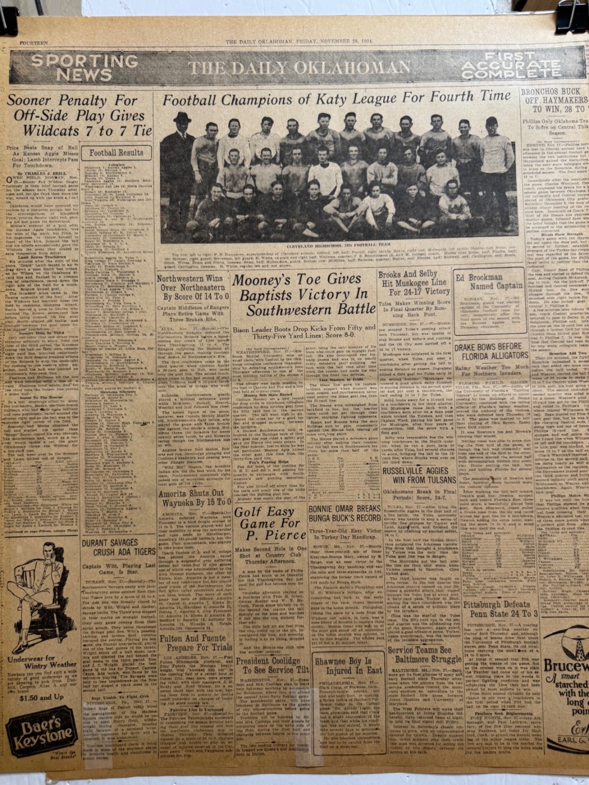 1924 CEVELAND HIGHSCHOOL, OKLA. FOOTBALL CHAMPIONS OF KATY LEAGUE FREE SHIPPING