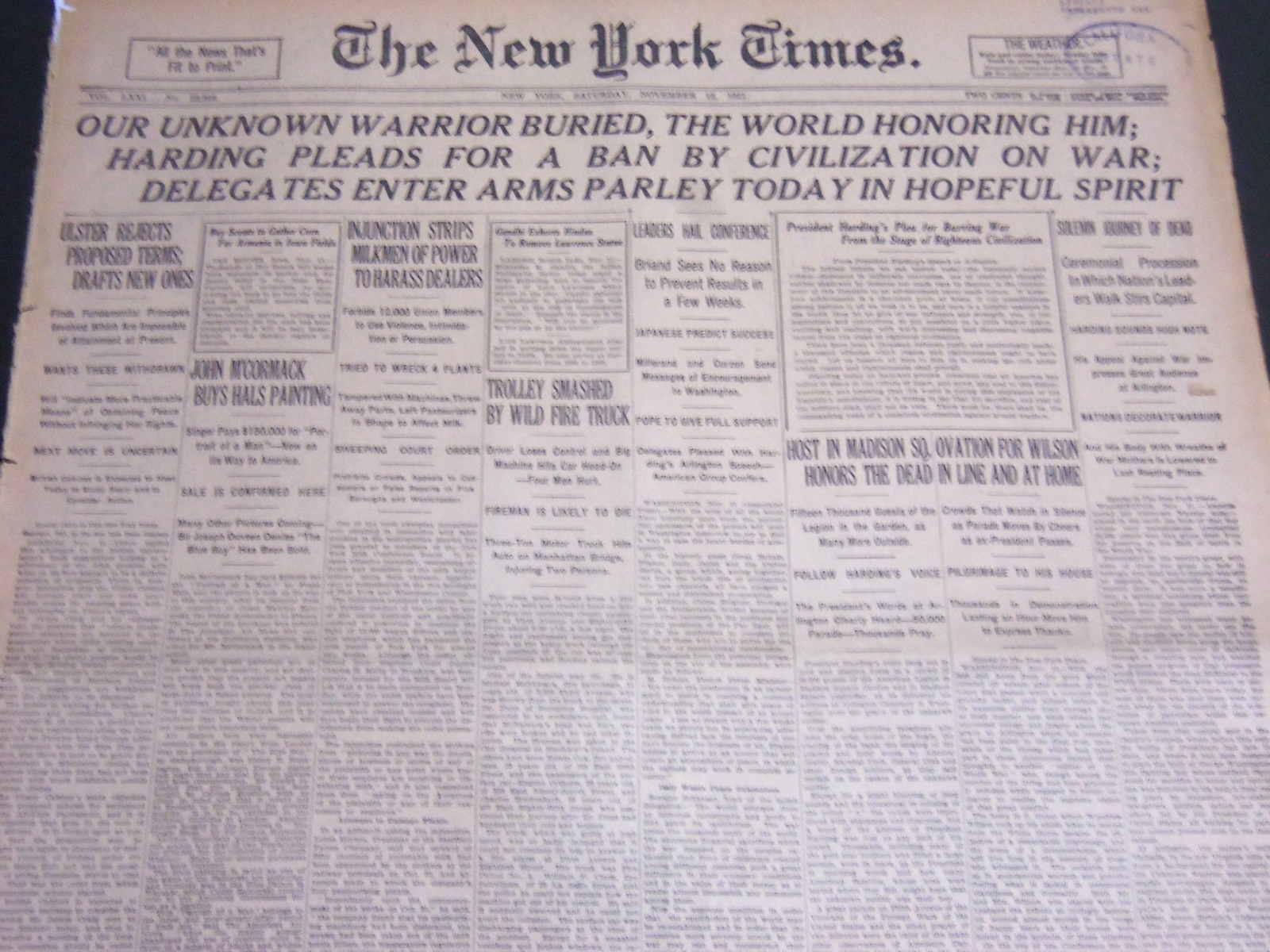 1921 NOVEMBER 12 NEW YORK TIMES – OUR UNKNOWN WARRIOR BURIED, THE WORLD- NT 6955