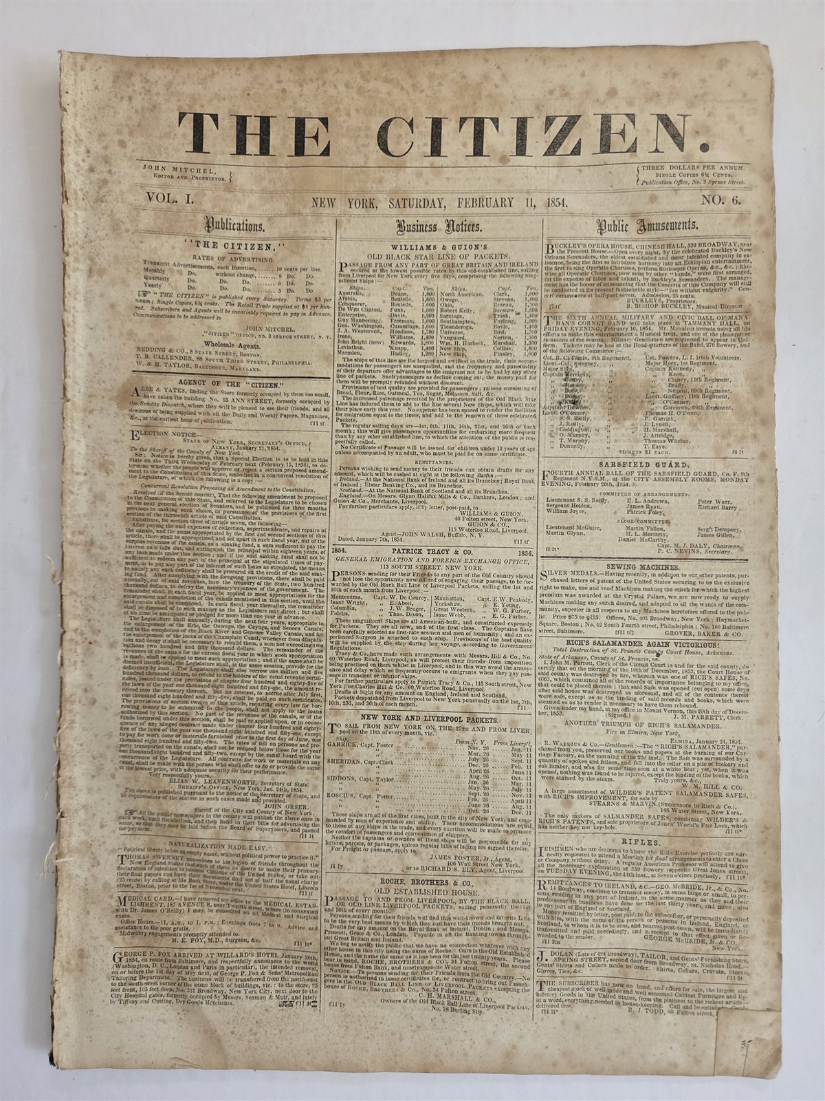 1854 antique THE CITIZEN NEWSPAPER ny JOHN MITCHEL SLAVERY NEBRASKA abolition