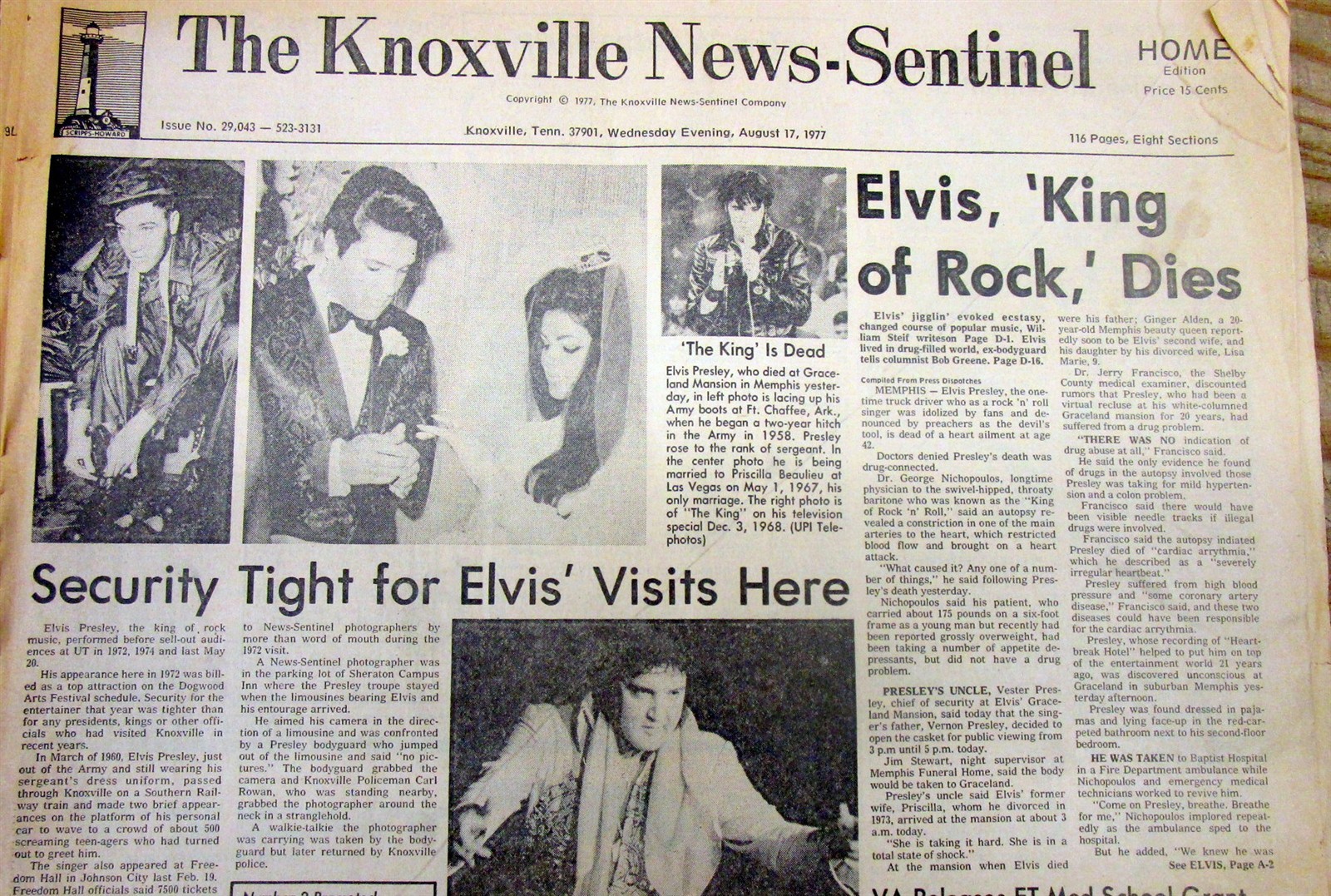 1977 Knoxville TENNESSEE headline display newspaper w THE DEATH of ELVIS PRESLEY