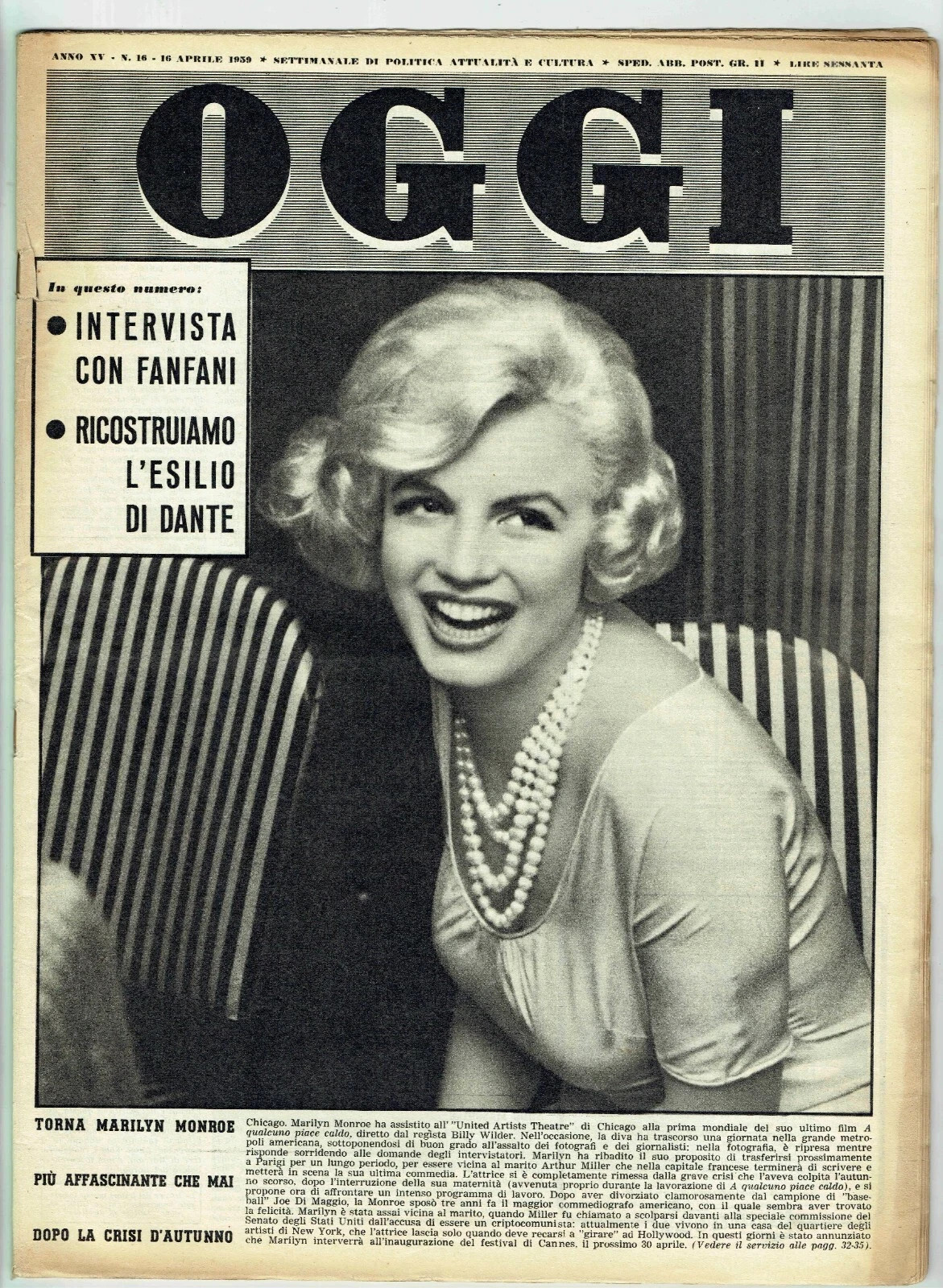 MARILYN MONROE Cover Magazine 1959 Italy Vintage Weekly Issue Rare Sexy Today 16