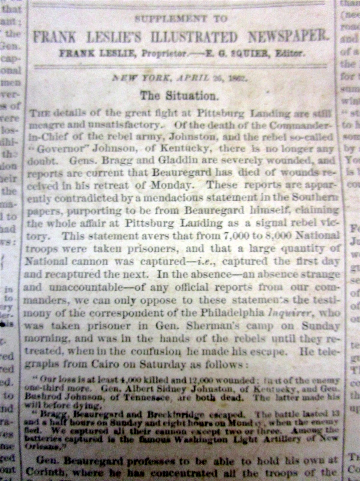 1862 Leslie’s Illustrated newspaper “EXTRA” Civil War BATTLE OF SHILOH Tennessee
