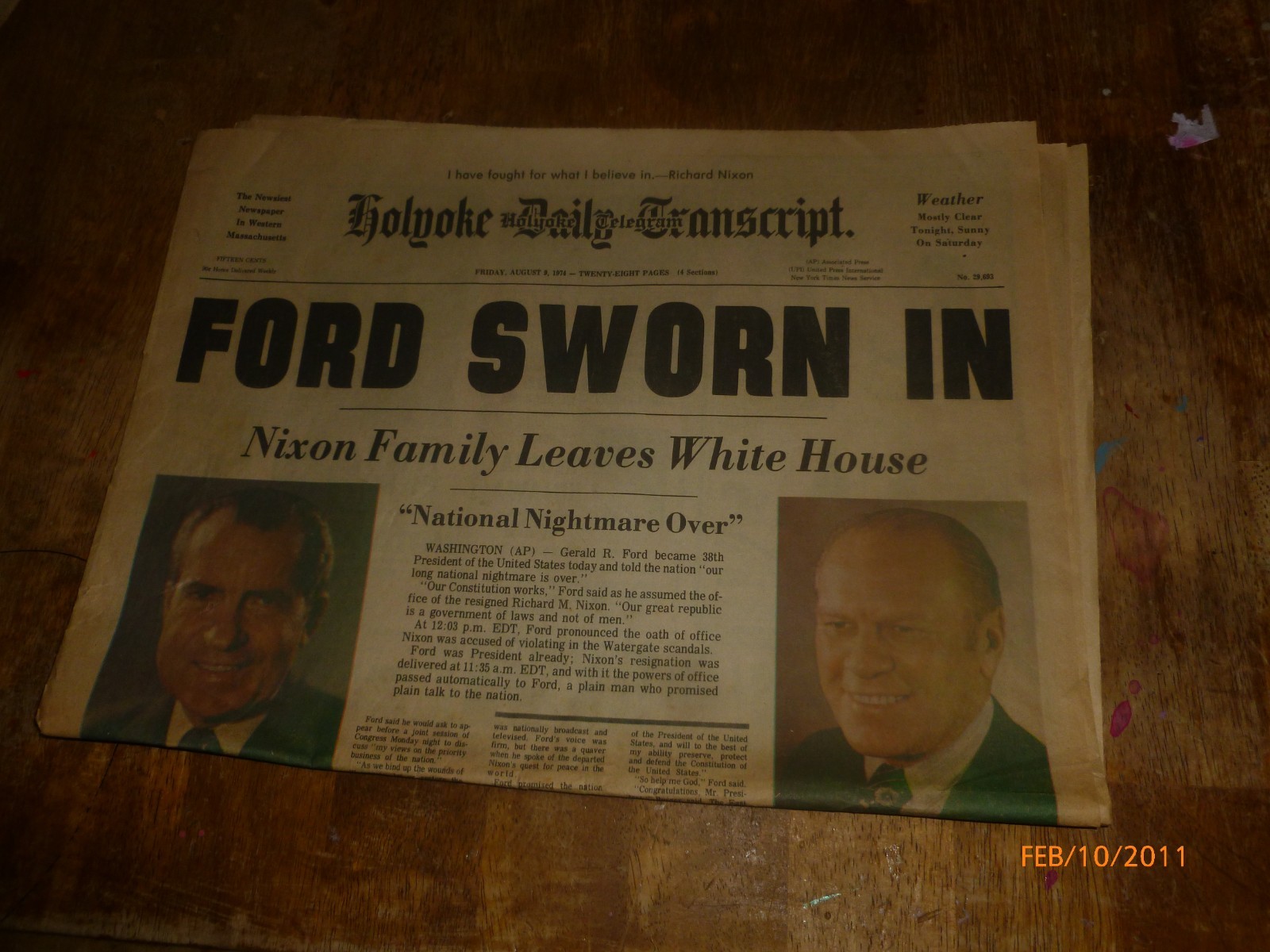 Holyoke Daily Transcript Newspaper August 9, 1974- Ford Sworn In