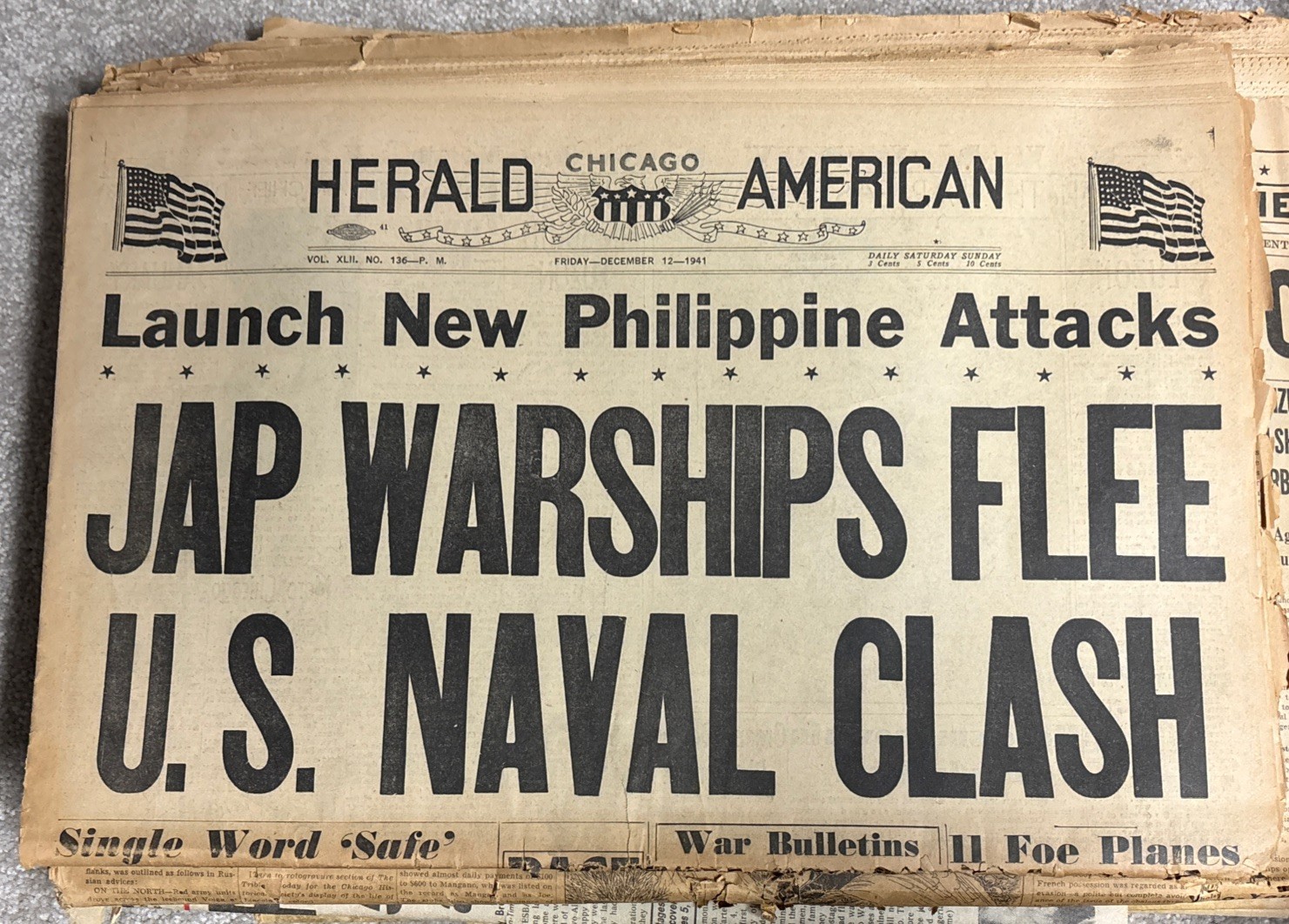 Original Chicago Herald American Newspaper Dec. 12 , 1941 As Is