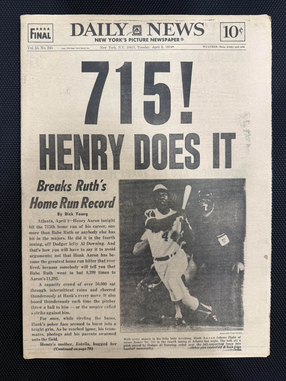 Daily News – April 9, 1974 – Hank Aaron Hits #715 (Breaks Babe Ruth)