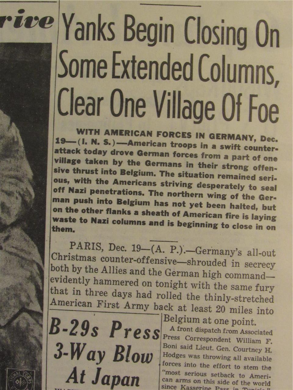 VINTAGE NEWSPAPER HEADLINE ~ WORLD WAR 2 GERMANY ARMY ATTACK BELGIUM WWII 1944
