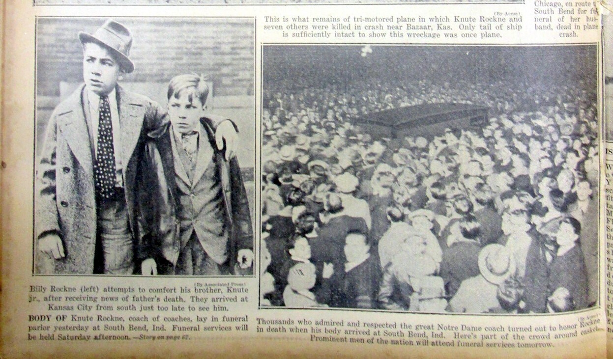 1931 NY Daily News newspaper KNUTE ROCKNE DEAD n Plane Crash NOTRE DAME Football