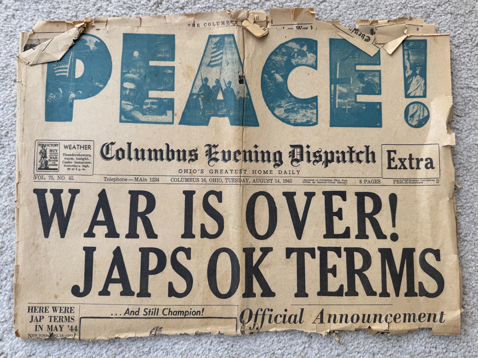 WWII “WAR IS OVER! JAPS OK TERMS” Columbus Evening Dispatch Aug 14, 1945 Newspap