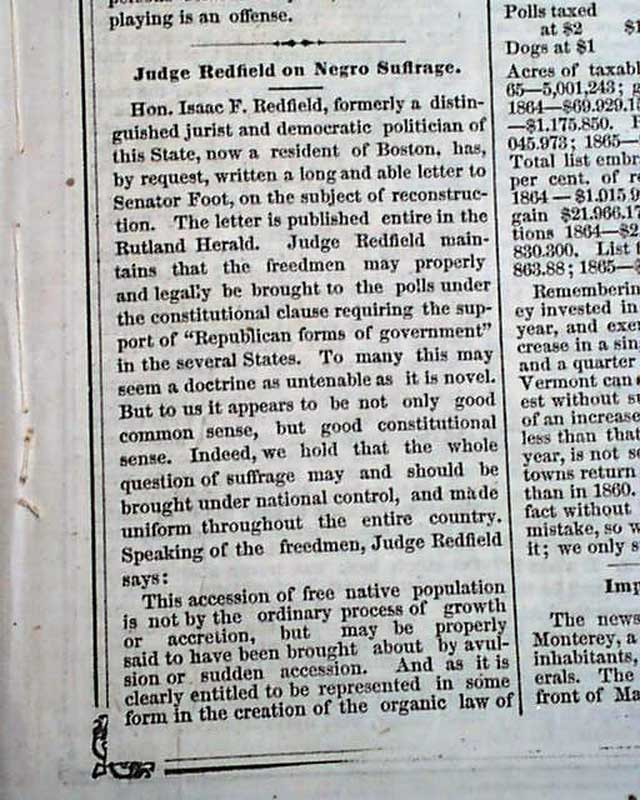 Rare BRATTLEBORO VT Windham County Town Vermont w/ Nice Masthead 1865 Newspaper