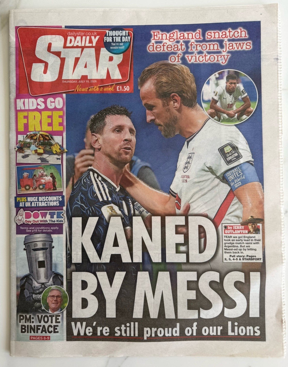 LIONEL MESSI ARGENTINA ENGLAND WORLD CUP SEMI-FINAL UK DAILY STAR NEWSPAPER 2026
