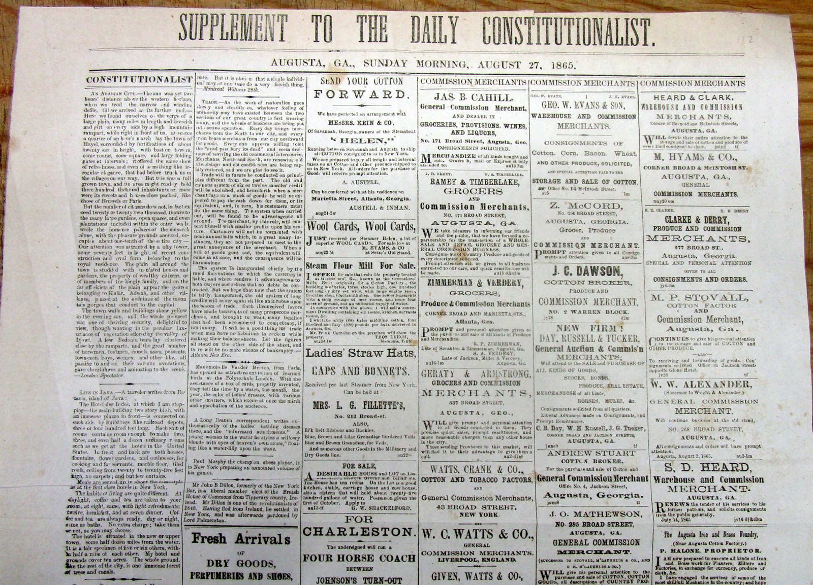 Rare 1865 Augusta GEORGIA post-Civil War Confederate newspaper BROADSIDE EXTRA