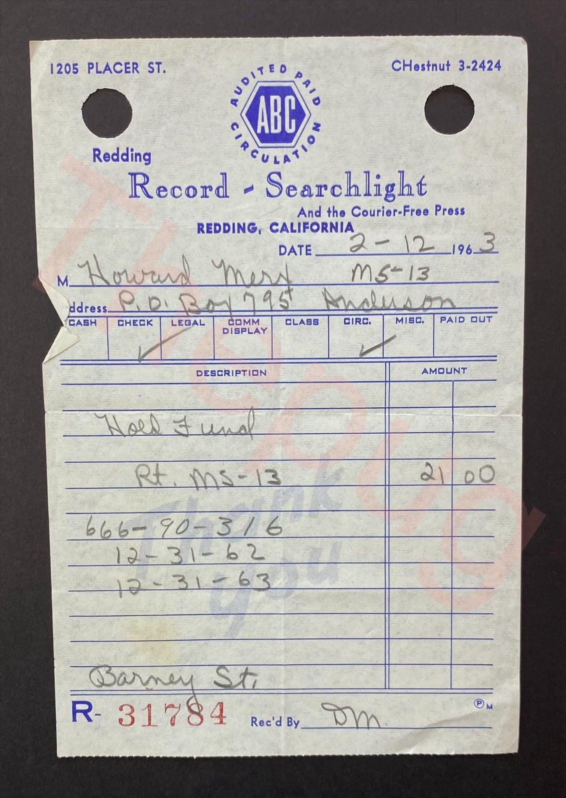 1963 Record Searchlight Newspaper Receipt Redding California Ephemera CA Paper