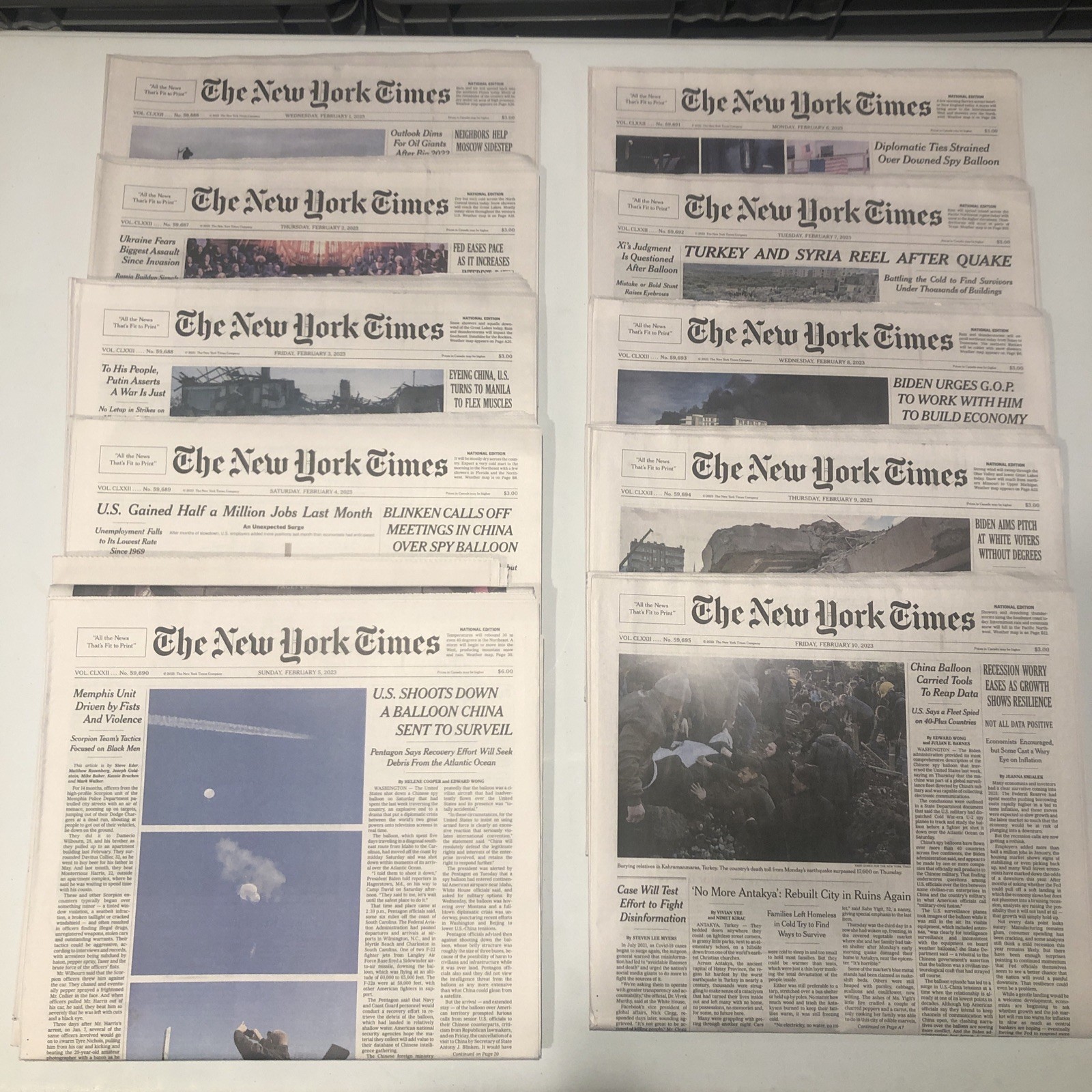 New York Times 10 Used Newspapers Lot – Feb. 1 2 3 4 5 6 7 8 9 10, 2023