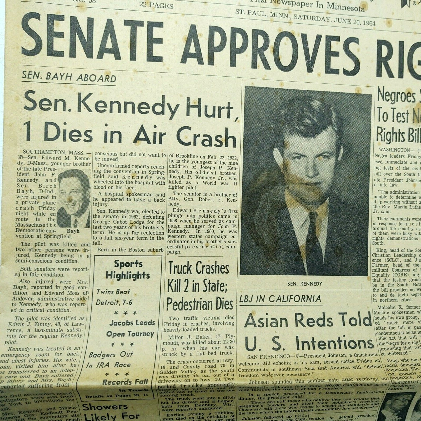 Vintage Newspaper 1964 Edward Kennedy Plane Crash + MLK To Test Rights Bill