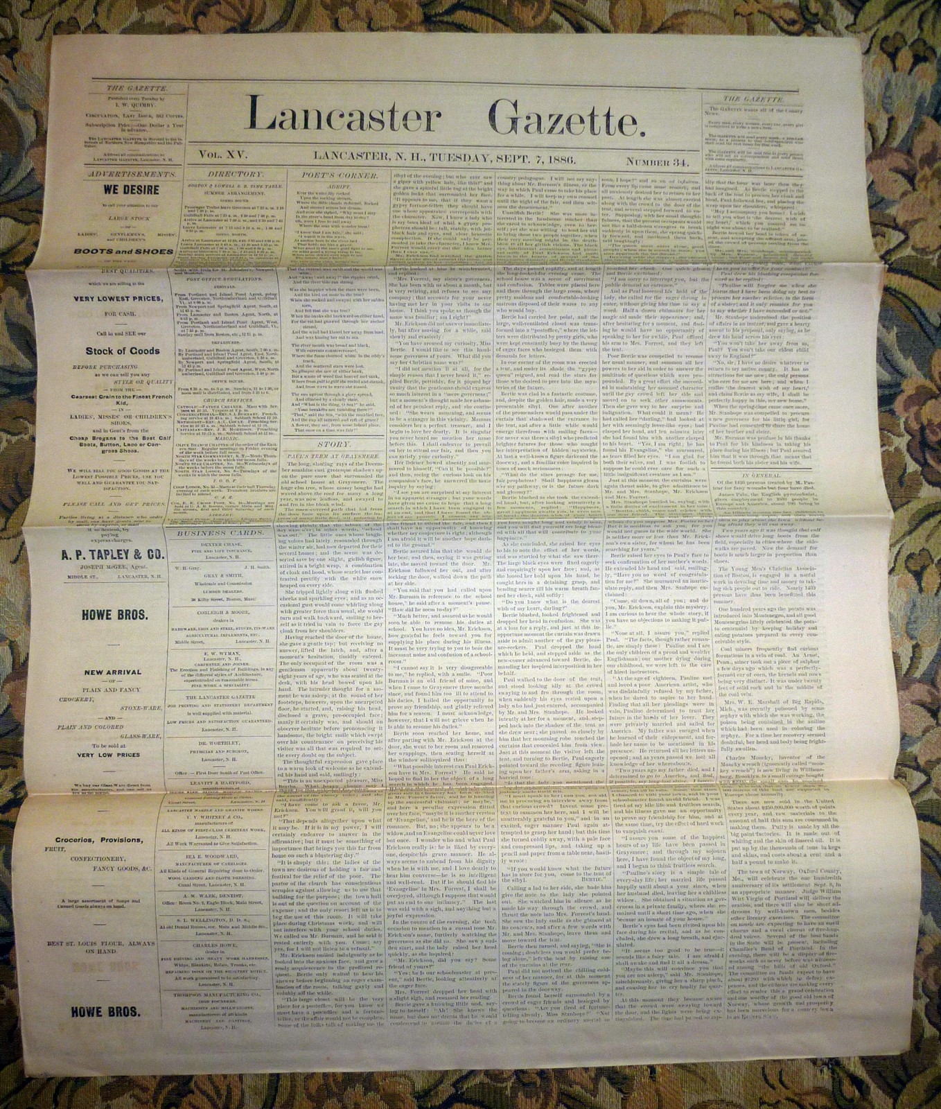 Lancaster, New Hampshire Gazette Newspaper – September 7, 1886