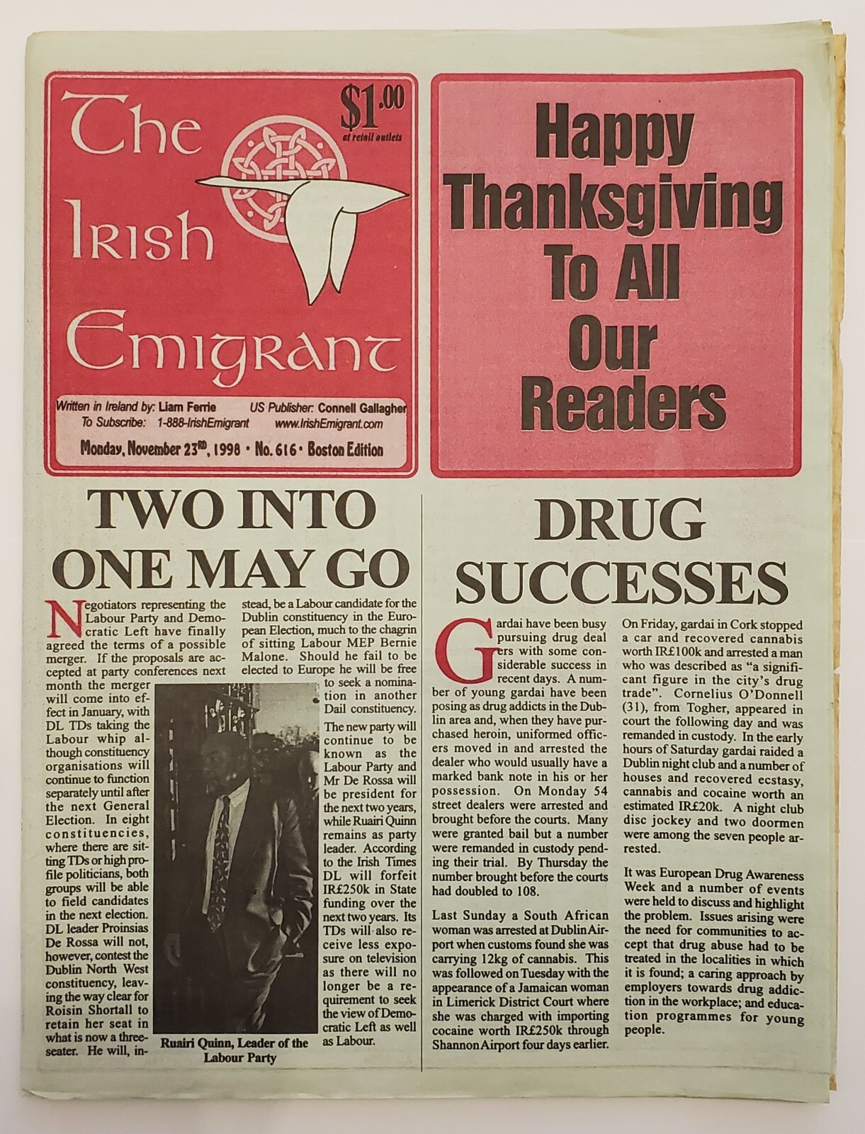 The Irish Emigrant; Boston Edition; November 23, 1998; 72 pages; Free Shipping!