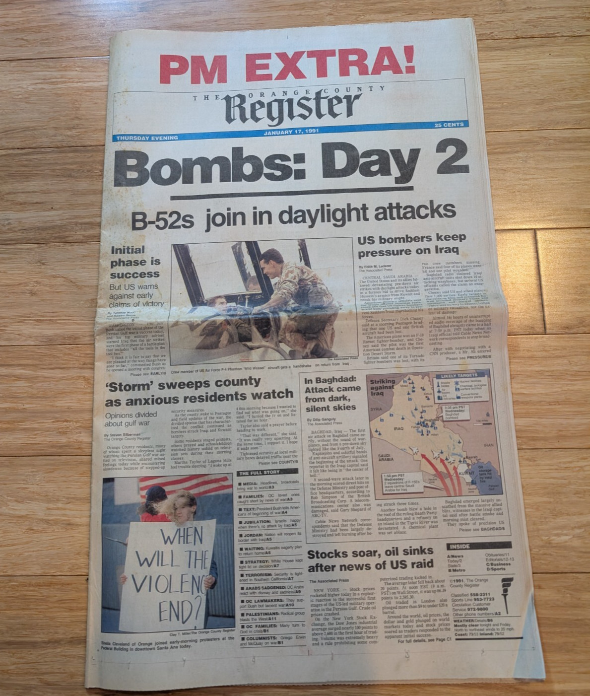 Vintage Newspaper OC Register PM Extra Bombs Day 2 Iraq War Desert Storm