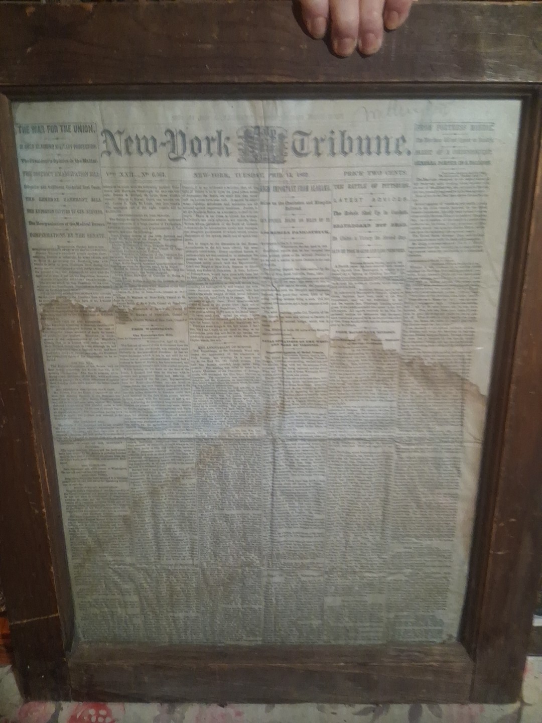 1862 New-York Tribune Civil War Newspaper Shiloh & Emancipation, Framed Original