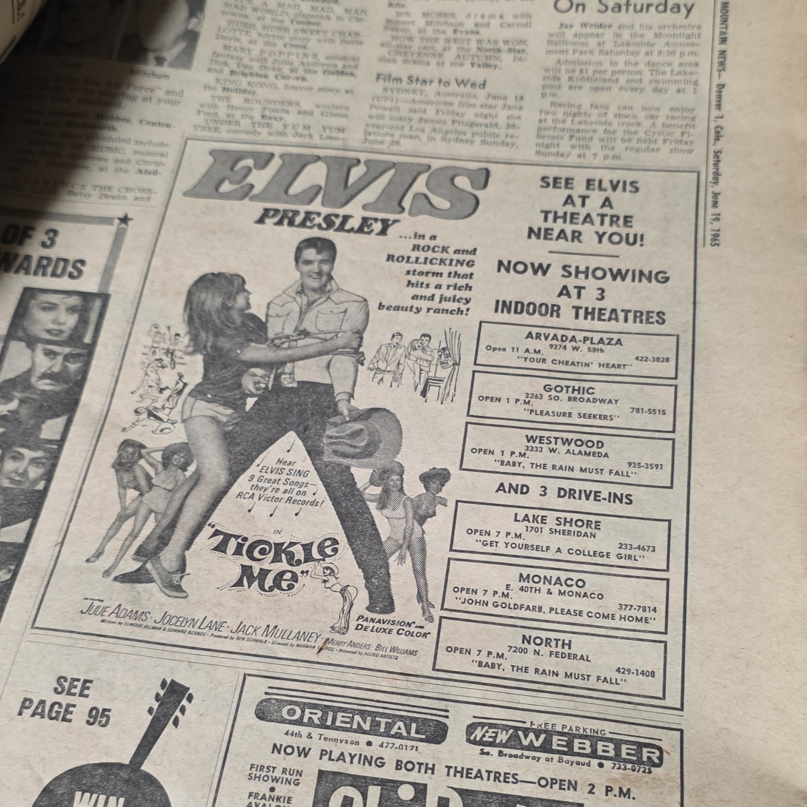Rocky Mountain News Newspaper Issue: 21 Dead In Flood; Elvis “Tickle Me” Ad