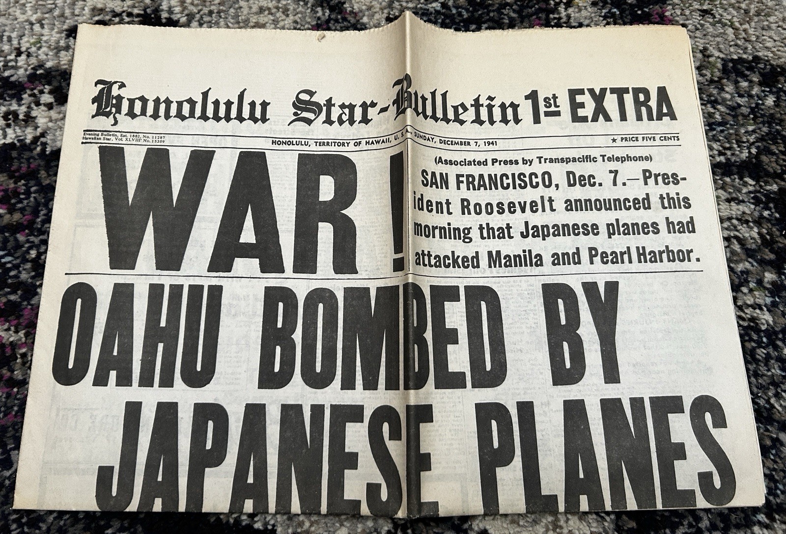 Honolulu Star-Bulletin Souvenir Newspaper Dec 7 1941 Oahu Bombed REPRODUCTION