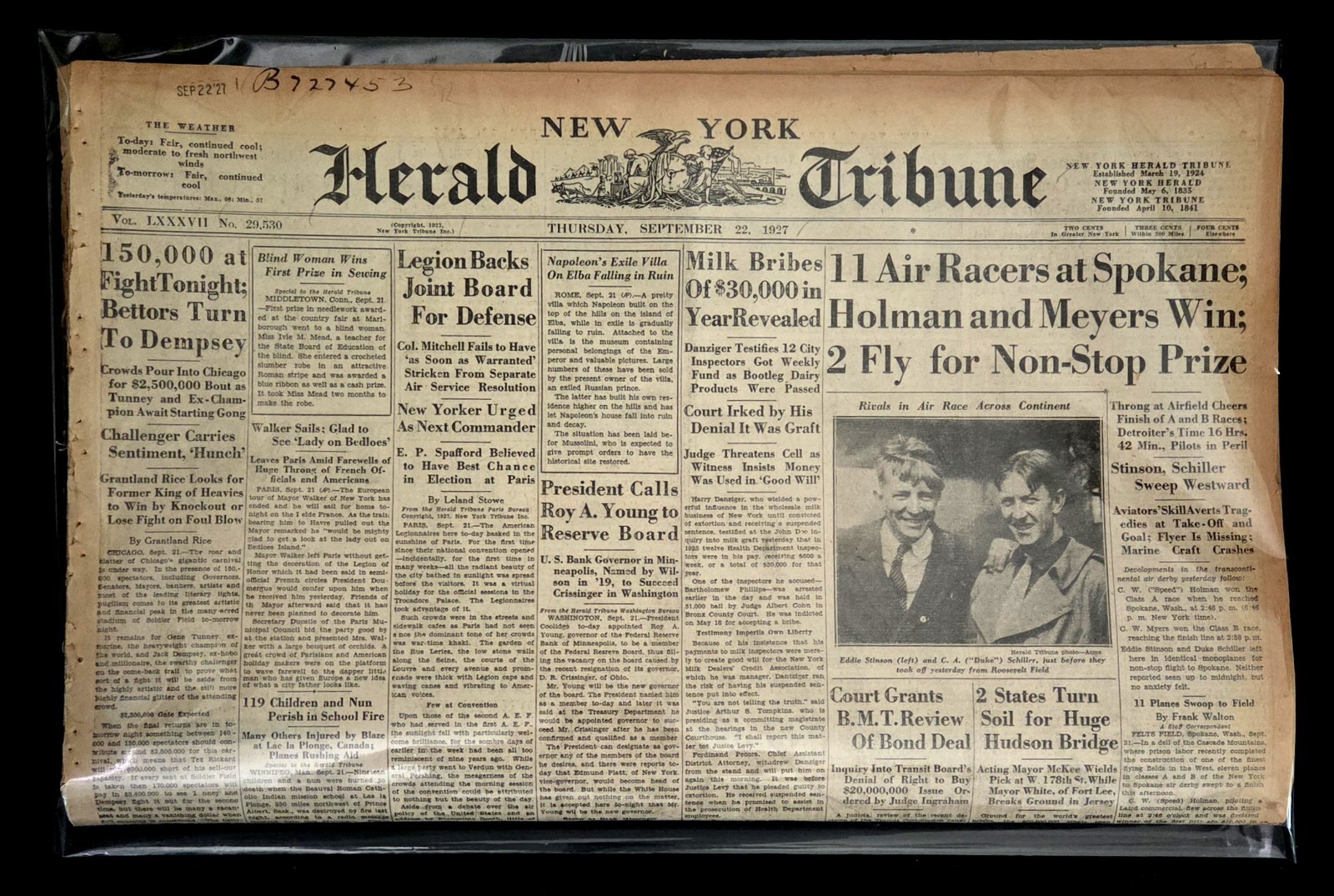 Sept 22, 1927 N.Y Herald Tribune Newspaper: TUNNEY vs DEMPSEY, BABE RUTH 55th