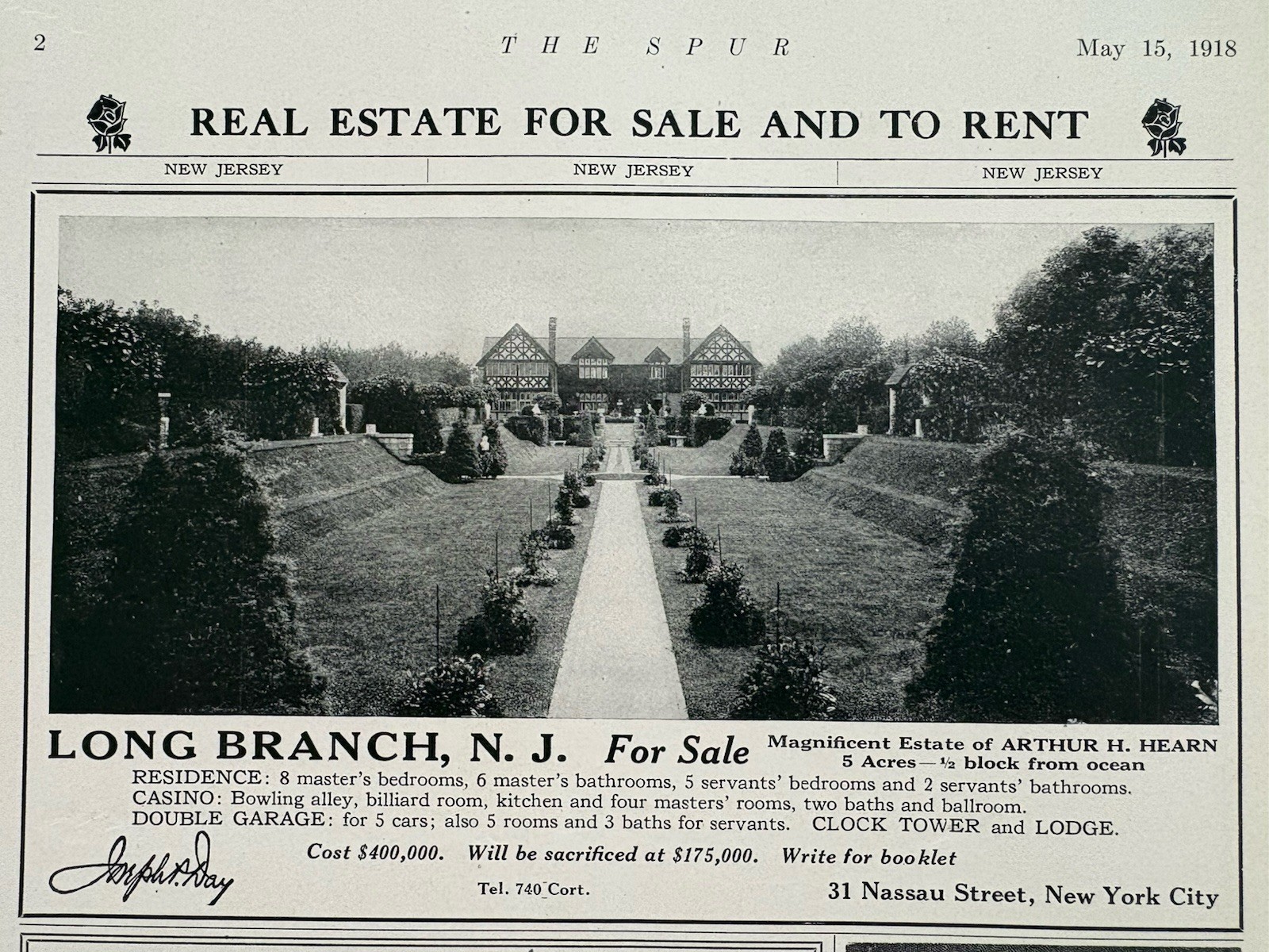 Sunken Garden Residence Arthur Hearn Long Branch NJ For Sale Vintage Mag Ad 1918