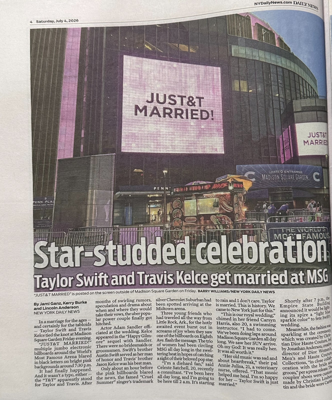 Taylor Swift Wedding Travis Kelce NY Daily News 7/4/26 NYC MSG Edition HISTORIC
