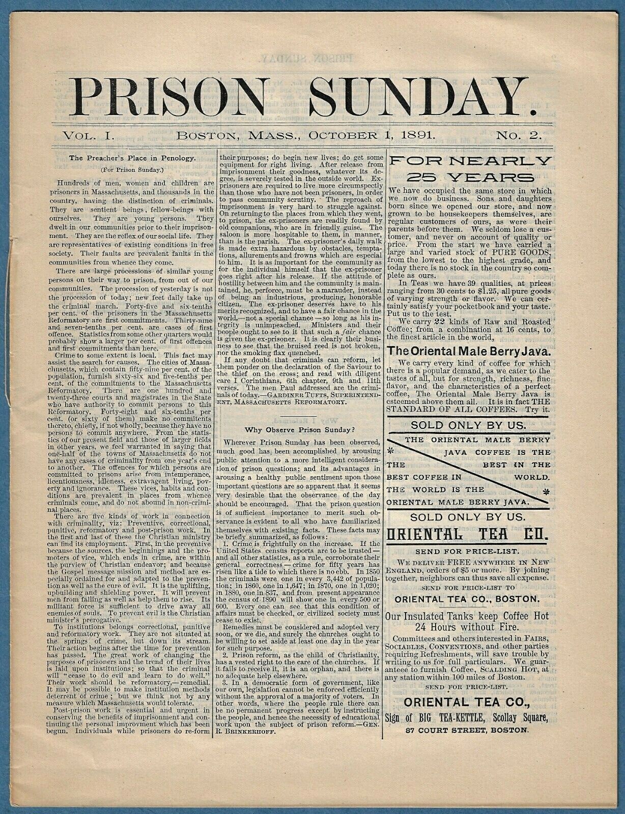 1891 “PRISON SUNDAY” NEWSPAPER ~ MASSACHUSETTS PRISON ASSOCIATION ~ SAMUEL ELIOT