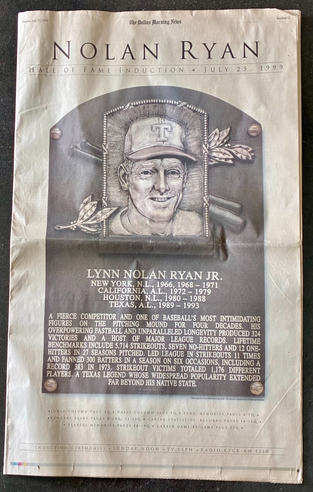 Nolan Ryan Hall of Fame 1999 Dallas Morning News COMPLETE Section Texas Rangers