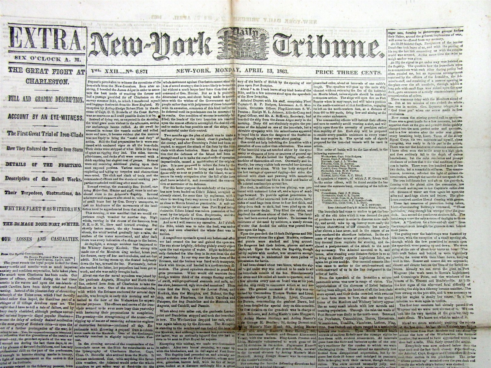 1863 Civil War newspaper “EXTRA” 1st BATTLE OF CHARLESTON HARBOR South Carolina