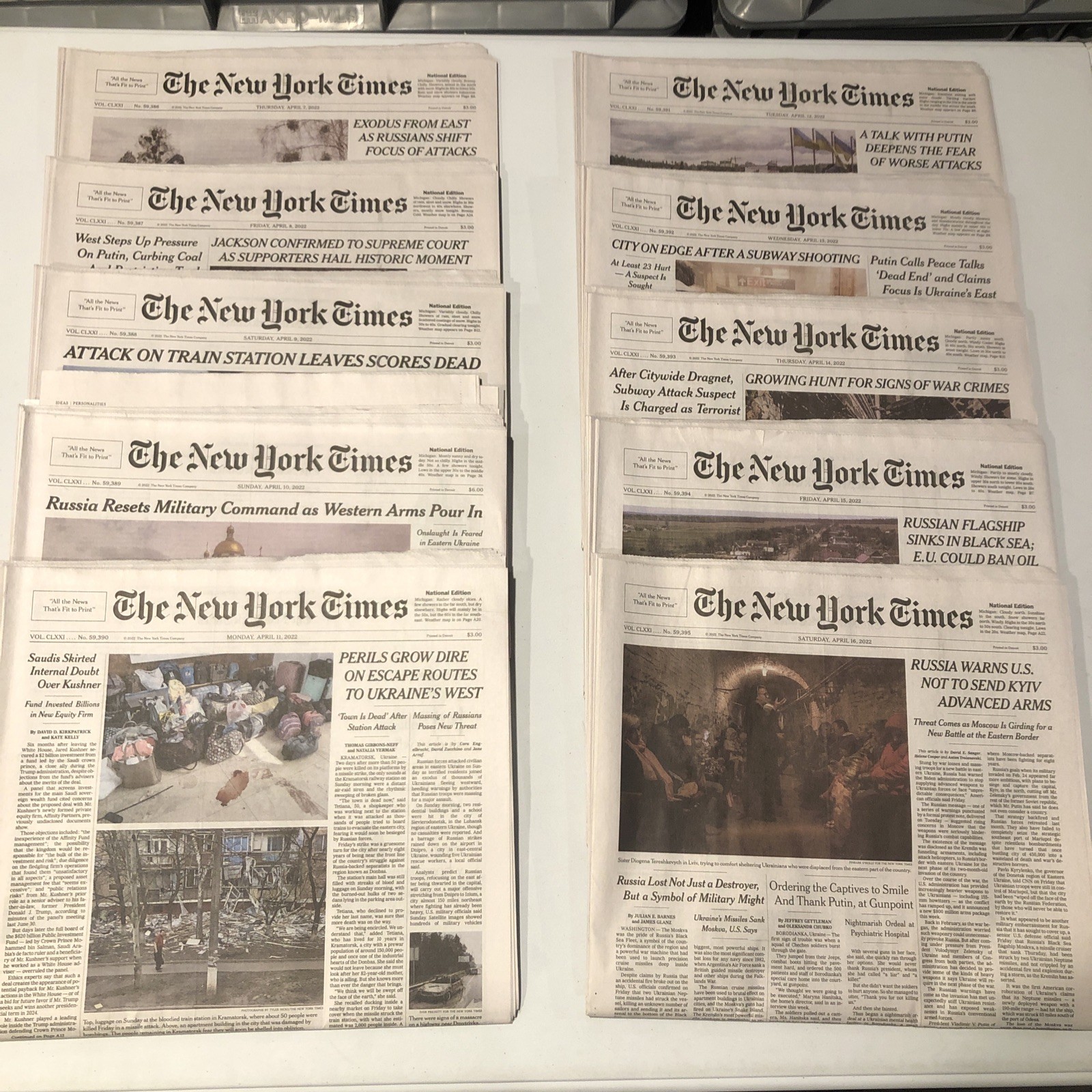 New York Times 10 Used Newspapers Lot, April 7 8 9 10 11 12 13 14 15 16, 2022