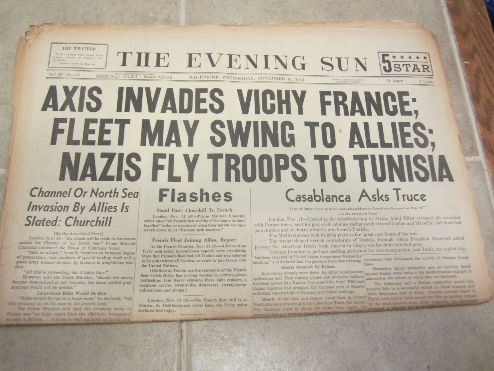 Baltimore Sun November 1942 Newspaper Axis Invades Vichy France Nazis Tunisia